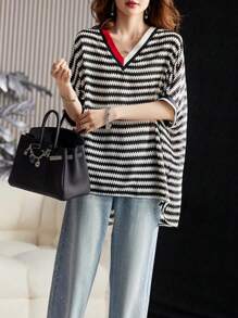 YUXIN Women Summer Elegant Contrast Stripe V Neck Blouse Loose Fit Casual Top Fashion Striped Shirts For Ladies - Stripe - View 6