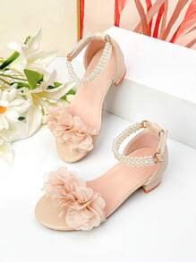Summer High Heel Pearl Sandals, Girls High Heel Dance Shoes, Student Performance Daily Activity Sandals, Wedding Shoes - Apricot - View 3