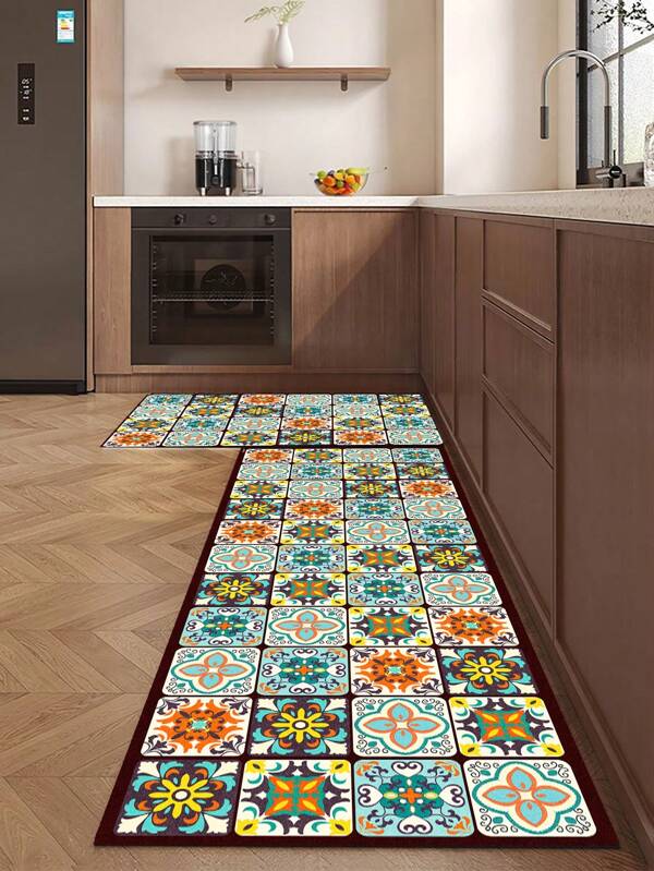 1 peça de tapete de cozinha estampado com padrão retrô brilhante multicolorido, antiderrapante e resistente a manchas, adequado para decoração de ambientes, sala de estar, banheiro, tapete de quarto, capacho, tapete de área e carpete externo, feito de material de fibra de poliéster, fácil de limpar e lavável à máquina, adequado para todas as estações e feriados.