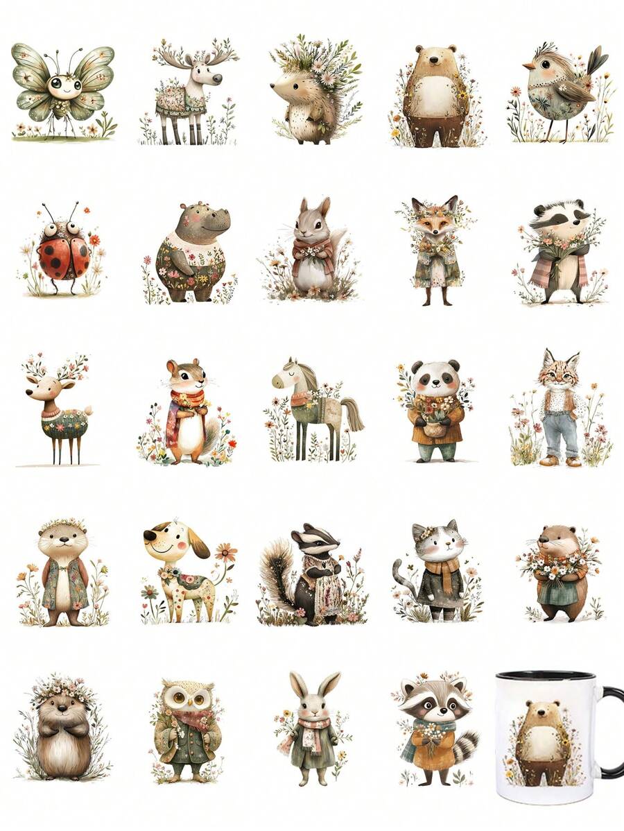 24 件可爱波西米亚森林动物 DIY UV DTF 转印贴纸 玻璃罐和咖啡杯杯套装饰、瓶子花瓶、笔记本电脑手机壳贺卡贴花贴纸、插图、瓶子、笔记本、垃圾日记、工艺品、礼品盒包装装饰、手工用品、节日生日派对装饰、防水 - 彩色 - 查看 1