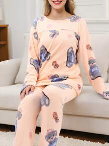 Pijama de mujer de franela con estampado de dibujos animados, Ropa de dormir para invierno, Sets de Pijamas de Mujer - Albaricoque - Ver 1