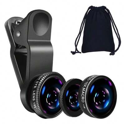 1 pieza Lente de cámara 3 en 1 de ojo de pez, gran angular y macro compatible con teléfonos Apple/Redmi, lente de ojo de pez 3 en 1 con clip para teléfono