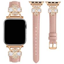 Curea din piele compatibilă cu 38mm 40mm 41mm 42mm 44mm 45mm 46mm 49mm pentru femei – Ultra-subțire, rafinată, rezistentă la transpirație, confortabilă – Simplă, elegantă, la modă – Design cu diamant și trifoi cu patru foi – Compatibilă cu Series 10, 9, Ultra SE, 8, 7, 6, 5, 4, 3, 2, 1 – Accesorii pentru curea de schimb