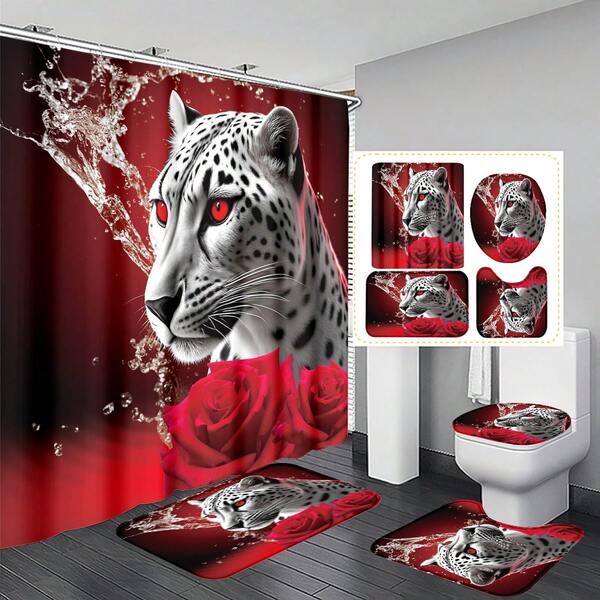1 pieza/4 piezas Conjunto de decoración de baño con estampado de leopardo y rosa: Cortina de ducha impermeable con 12 ganchos, alfombra de baño antideslizante, alfombra en forma de U y tapa de inodoro redonda, adecuado para todas las escenas de baño, decoración navideña