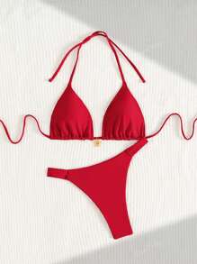 Nuovo set bikini estivo senza fili, con spalline a spaghetti, stile halter, schiena incrocista, laccetti, triangolo vita bassa - Tutto Rosso