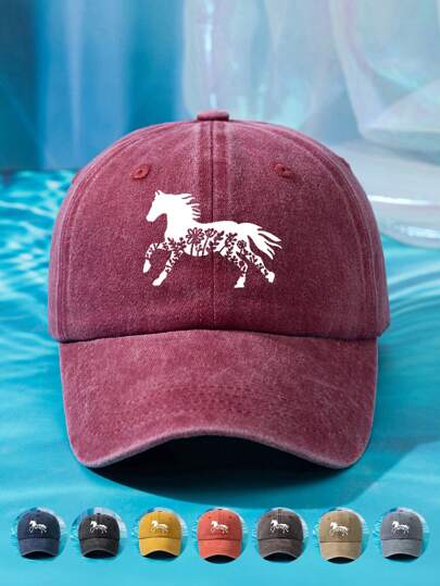 1pc Floral & Horse Print Adjustable Black Baseball Hat, Vintage Washed Casual Outdoor Sun Protection Hat For Women