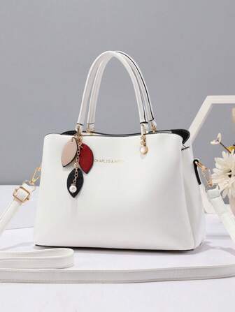 新款女士优雅手提包，经典单肩托特包，时尚手提包，带绒球装饰，适合作为礼物送给女性、办公室女士，配有叶子饰物，多层大容量单肩/斜挎包，适合旅行、购物、休闲时尚轻便宽敞的手提包，单肩/斜挎风格