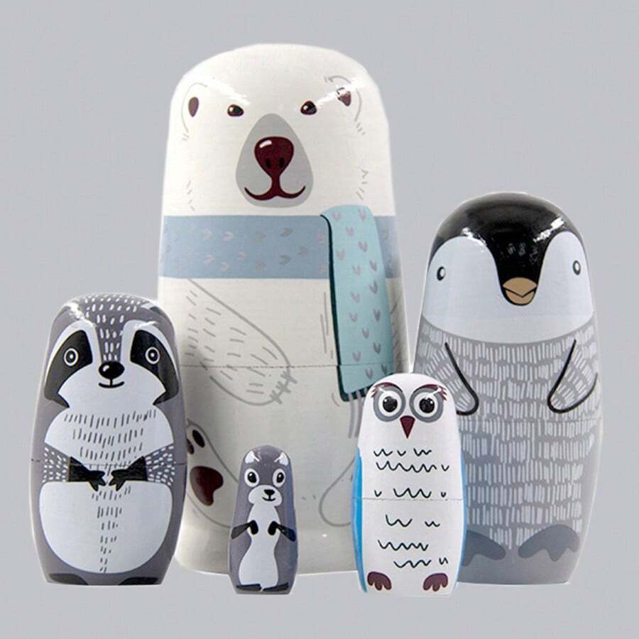 5pcs Handmade Animal Nesting Dolls, Arctic Bear Design, 5.7 Inches (Approx. 14cm) Tall, Wooden Russian Matryoshka Dolls, Animal Shaped, Stacking Toys, Birthday Christmas Gift, Home Decor - White - View 1