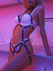 1 Pc - Women Sexy Lingerie Accessories - Full Body Bondage Harness - Solid Color PU Leather Erotic Bondage Corset - O-Ring Trim And Adjustable Harness - Ideal For Couples' Date, Special Occasions, Party, Club Performance - Black - View 3