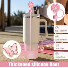 Set de 6 accesorios para taza de 40oz/30oz, incluye pajita con purpurina y cepillo, tapa con diseño de flor, bota de silicona, cadena con dije de mariposa, perfecto para deportes al aire libre, ideal como regalo para el Día de San Valentín, Día de la Madre y útiles escolares