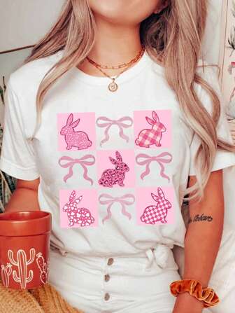 Frühling Sommer weiß Hase Schleife Muster Ostern Mode T-Shirt, Faux Stickerei kariert rosa niedlicher Hase, Punkt Hase, Schleife Liebhaber, geeignet für lässigen Alltag, Ostern Party Outfit