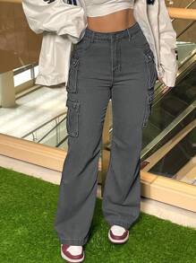 Women's Loose Straight Leg Denim Overalls, Classic Multi-Pocket Design, Non-Stretch Regular Zipper Button Pants, Comfortable And Versatile, Suitable For Everyday Wear And Outdoor Activities - 灰色 - 查看 6