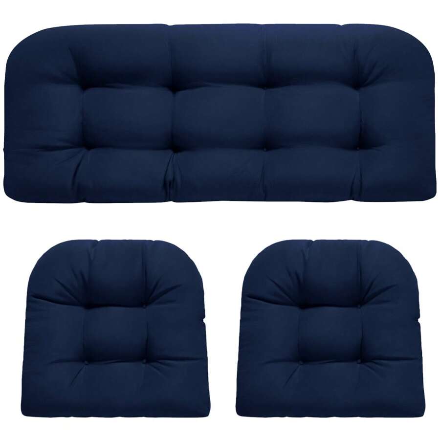 3 Pieces Wicker Chair Cushions Of Waterproof Tufted Outdoor Seat Cushions Set For Patio Furniture Sofa Settee Couch,1 Loveseat And 2 U-Shaped Cushions For Patio Furniture Chair Pads Yard - Navy Blue - View 1