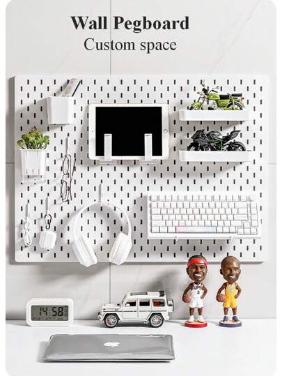 Item mais vendido para casa, painel perfurado de plástico básico para parede, sem furos, kit com vários acessórios combinados, um painel perfurado versátil com várias caixas de armazenamento e ganchos de metal, adequado para bancada de garagem/organização e armazenamento de cozinha doméstica/escritório/sala de artesanato/banheiro (28*28 cm)