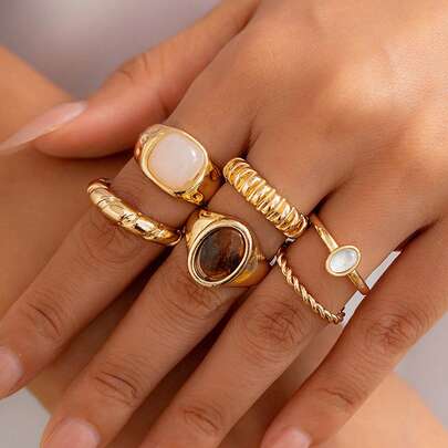 6pcs Croissant Moonstone Vintage French Minimalist Ring Set, Personalized Stone-Like Metal Retro Design Rings, Suitable For Parties, Gifts, Daily Wear