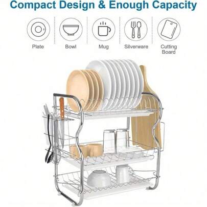 3 Tier Dish Drainer Rack With Drip Tray Stainless Steel Dish Drying Rack With Chopstick Holder Knife Holder Removable Chopsticks Knives Cutting Board Holder With Base Clips