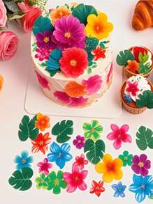 60 piezas de decoraciones florales hawaianas (solo para decoración, no comestibles), decoraciones para cupcakes de hojas de palma y flores de papel de arroz glutinoso tropical, surtido de flores de hoja de palma mini para decorar cupcakes, decoraciones para tartas con tema hawaiano, suministros para fiestas de verano con tema de la jungla, decoraciones para cupcakes de papel de caparazón de tortuga, hojas verdes y flores coloridas de papel de oblea con tema de la serie hawaiana para bodas y fiestas de cumpleaños - Multicolor - Ver 4