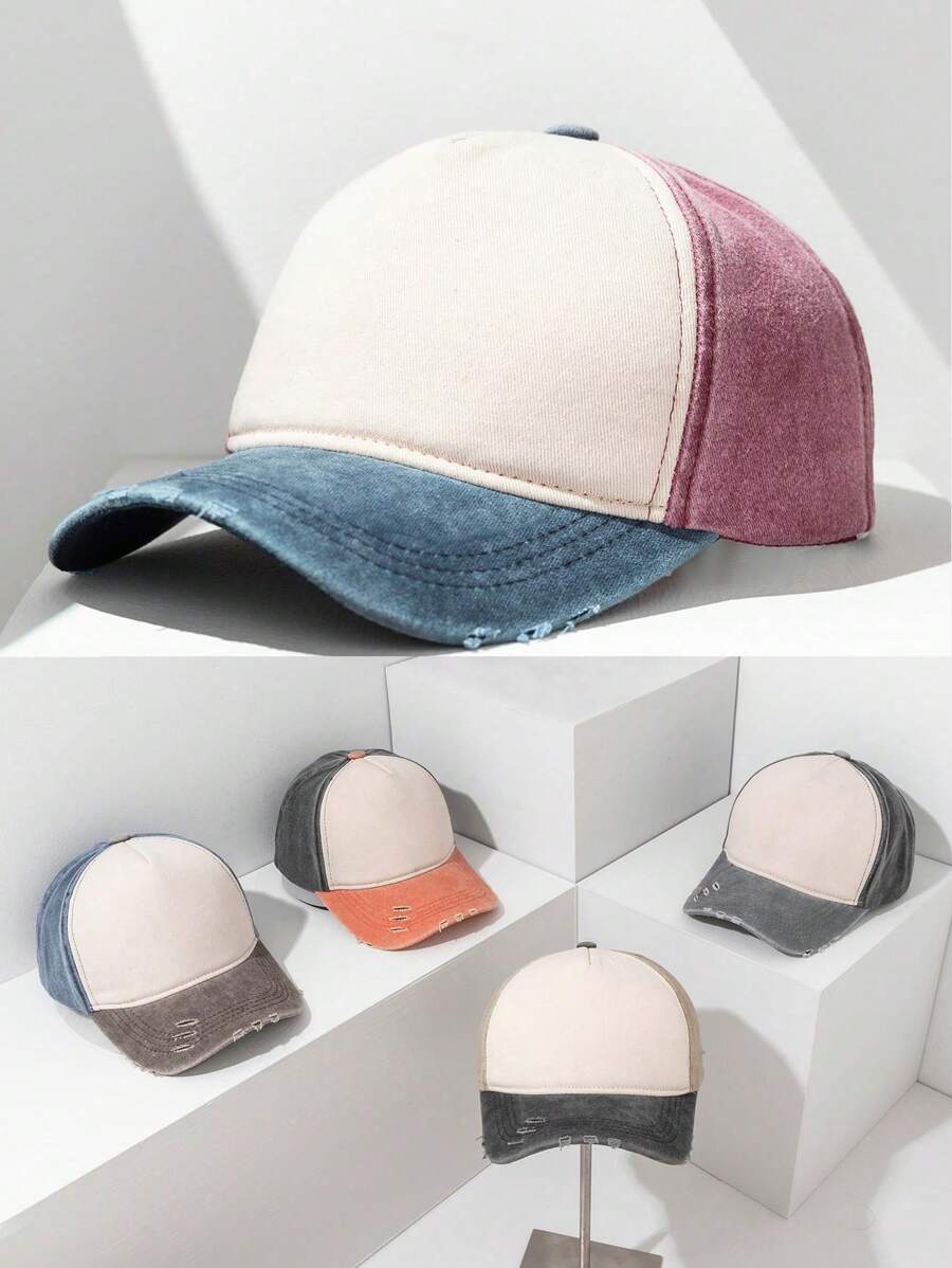 1pc Colorblock Vintage Distressed Unique Women Baseball Cap, Outdoor Sun Protection Outfit Accessory