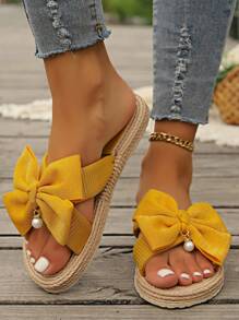 Summer New Women Slippers, Straw Braid House Slippers, Non-Slip Outdoor Hanging Pearl Bow Slippers, Flat Heel Sandals