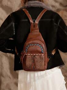 1pc Embossed Retro Design PU Women Chest Bag, Can Be Used As Shoulder Bag Or Backpack - Chocolate Brown - View 5