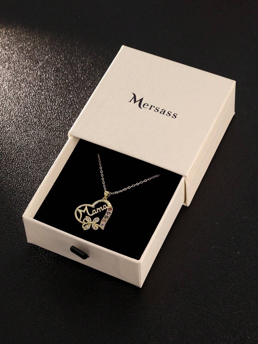 1pc Waterfree Elegant Copper Mama Heart Pendant Necklace With Zirconia, Grace-Themed Mother's Jewelry, Versatile Accessory For Thanksgiving, Mother's Day, Birthday Gift - Jewelry Gift Box - View 1