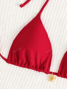 Nuovo set bikini estivo senza fili, con spalline a spaghetti, stile halter, schiena incrocista, laccetti, triangolo vita bassa - Tutto Rosso