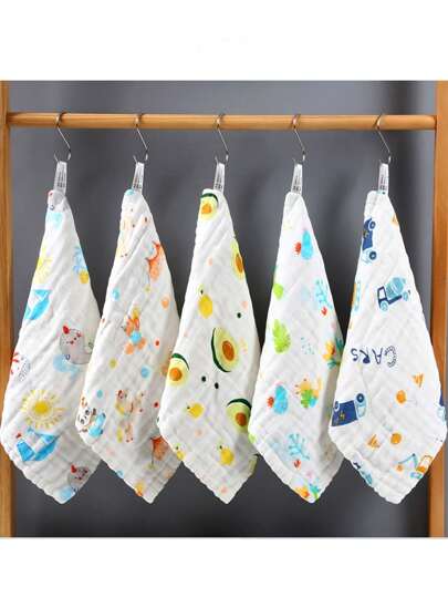 6pcs/Pack Random Floral Print 100% Cotton Muslin Baby Face Towels, Washcloths
