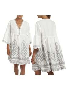 Cccoqdj Women's Embroidered Mini Dress Summer Nightgown 3/4 Sleeve V Neck Pattern Print Short Nightdress Boho Tunic Dress - 灰白色 - 查看 3