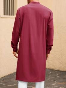 Runcati Men's Cotton Linen Kaftan Robe Long Sleeve Button-Down Thobe Casual Muslim Gown Henley Shirt - Wine Red - View 2