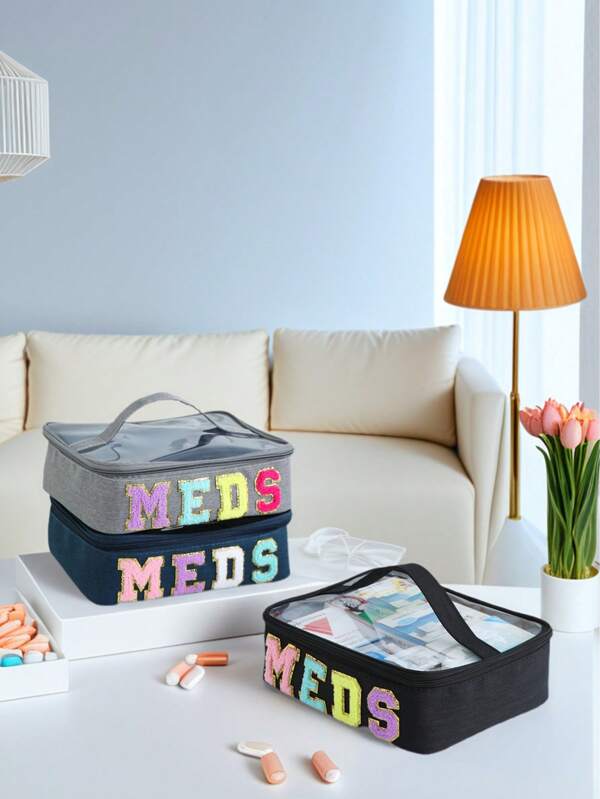 1 Piece Preppy Chenille Letter Patch Clear PVC Visible Top Cosmetic Bag With Handle , Large Capacity Travel Toiletry Makeup Zipper Pouch,Portable MEDS Medicine Storage Box Bag For Home And Travel Essentials Makeup Travel Toiletry Organizer Clear Essentials Gifts Storage Zipper Accessories Nail
