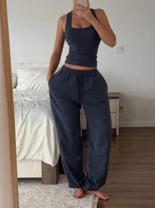 Floreya Square Neck Camisole Top For Women, Summer Minimalist Casual Slim Fit Cropped Sleeveless Cami Top, French Style Versatile Layering Piece, Suitable For All Seasons - Royal Blue - View 2