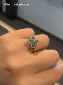 1 pieza Anillo de jade con incrustación de plata diseñada, en forma de trébol, cabeza de flor giratoria, incrustada en plata de ley 925, jade natural, gema natural, baño de oro, con caja de regalo, regalo festivo, joyería de calidad, brillante y elegante, joyería creativa, elegante moda para mujer, regalo de boda, cumpleaños, uso diario para mujer - Plateado - Ver 8