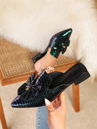 Sapatos femininos de salto baixo com bico e laço, elegantes e versáteis, sapatos de salto baixo com bico e laço, mulas femininas de salto médio e bico fechado