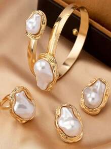 4pcs/Set Luxury Faux Pearl Fashion Jewelry Set: Bracelet, Ring, Earrings For Women, Suitable For Wedding,Party,Mother's Day Gifts