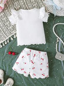 2pcs/Set Baby Girl' Cute Minimalist Cherry Embroidery Short Sleeve Top And Cherry Print Shorts, Summer Casual Outdoor Outfit - White - View 3