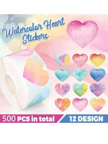 (500pcs/Roll) Watercolor Heart Shaped Sticker Roll, Rainbow Heart Shape Self-Adhesive Decorative Labels For Weddings, Birthdays, Parties, Envelopes, Scrapbooks, Stationery, Decorations