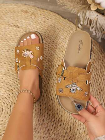 花卉水钻凉鞋，带扣，百搭度假风格，厚底沙滩拖鞋