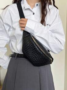 Retro Floral Print Fanny Pack, Quilted Zipper Waist Bag, Straw Beach Waist Pouch - Black - View 3