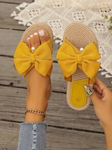 Summer New Women Slippers, Straw Braid House Slippers, Non-Slip Outdoor Hanging Pearl Bow Slippers, Flat Heel Sandals