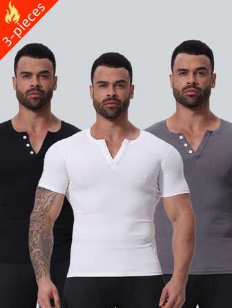 3 件装 男士时尚休闲前襟基本款短袖亨利衫 男士夏季冰丝短袖T恤 薄款弹力舒适条纹修身上衣 高档休闲百搭 跑步户外运动日常休闲健身房训练透气凉爽短袖T恤