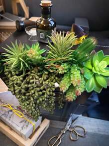 10 piezas - Maceta de plantas suculentas artificiales, maceta de madera rectangular para decoración de flores, decoración de centro de mesa, plantas suculentas artificiales de primera calidad - plantas falsas realistas con textura de cactus - plantas suculentas faciales - mini suculentas falsas, decoración de jardín, planta exterior, jardinería, flores falsas