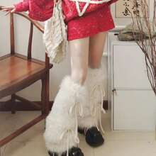 Women's Faux Fur Leg Warmers Ribbed Top Leg Warmers Boot Covers Carnival Costume Accessory - White - View 6
