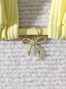 Top e Bottom de Maiô Bikini 2 Peças Amarelo Manteiga, Decote Halter, Costas Descobertas, Amarrado, Traje de Banho Feminino, Verão, Praia, Férias, Looks de Verão para Mulheres, Looks de Praia para Mulheres, Roupa de Praia Feminina, Maiô Bikini com Sustentação