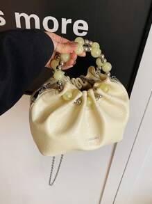 1 件黄色 PU 串珠褶皱云单肩包，时尚链条斜挎水桶包，独特简约百搭设计