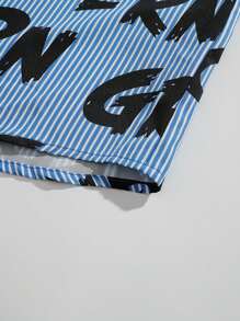 Men's Fashionable Striped Letter Print Short-Sleeved Shirt, Outdoor And Casual Loose-Fit Soft Boyfriend-Style Polo Collar Top - Blue - View 7