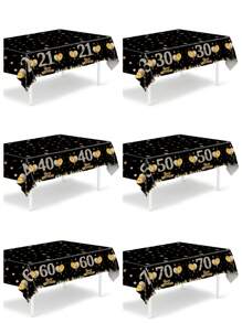 1pc Black Gold 21st & 30th & 40th & 50th & 60th & 70th Birthday Disposable Table Runner, Balloon Star Pattern Happy Birthday PE Table Cover, 21st & 30th & 40th & 50th & 60th & 70th Happy Birthday Party Decoration Table Cloth