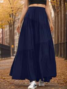 hoteel Chic Boho Style Pleated Design Maxi Skirt With Pockets, Elastic Waist Irregular Layer Hem A-Line Skirt, Woman's Clothes - 藍色 - 查看 2