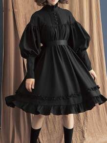 1pc Maid COS Dress, New Design Long Sleeve Loose Button Ruffle Lantern Sleeve Decor Lolita Dress, Suitable For Daily Wear, Knit Fabric Halloween - Multicolor - View 5