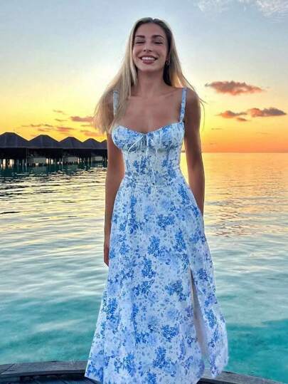 ii Abito midi floreale da donna, stile bohémien, fluido, con spacco, in linea A, casual, abito da sole estivo