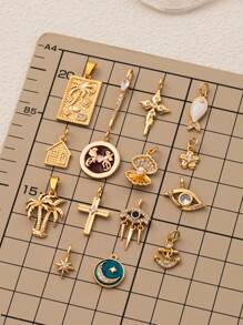 1Pc 18K Gold Plated Boho & Mystic Charms, Palm Tree, Evil Eye, Shell, Cross, Vintage Pendant For DIY Necklace & Bracelet Jewelry